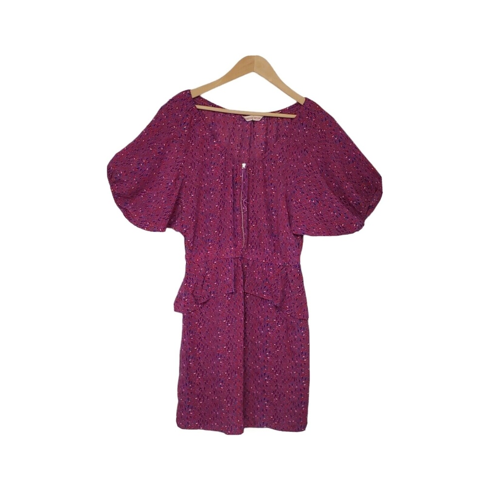 Rebecca Taylor Sz 4 Red 100% Silk Balloon Abstract Balloon Peplum Midi Dress